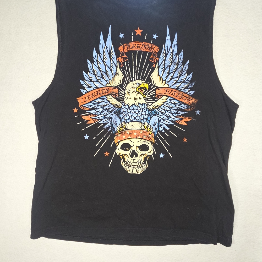 Celebrate It Black Tank Top with Eagle and Skull Design, Size XL.